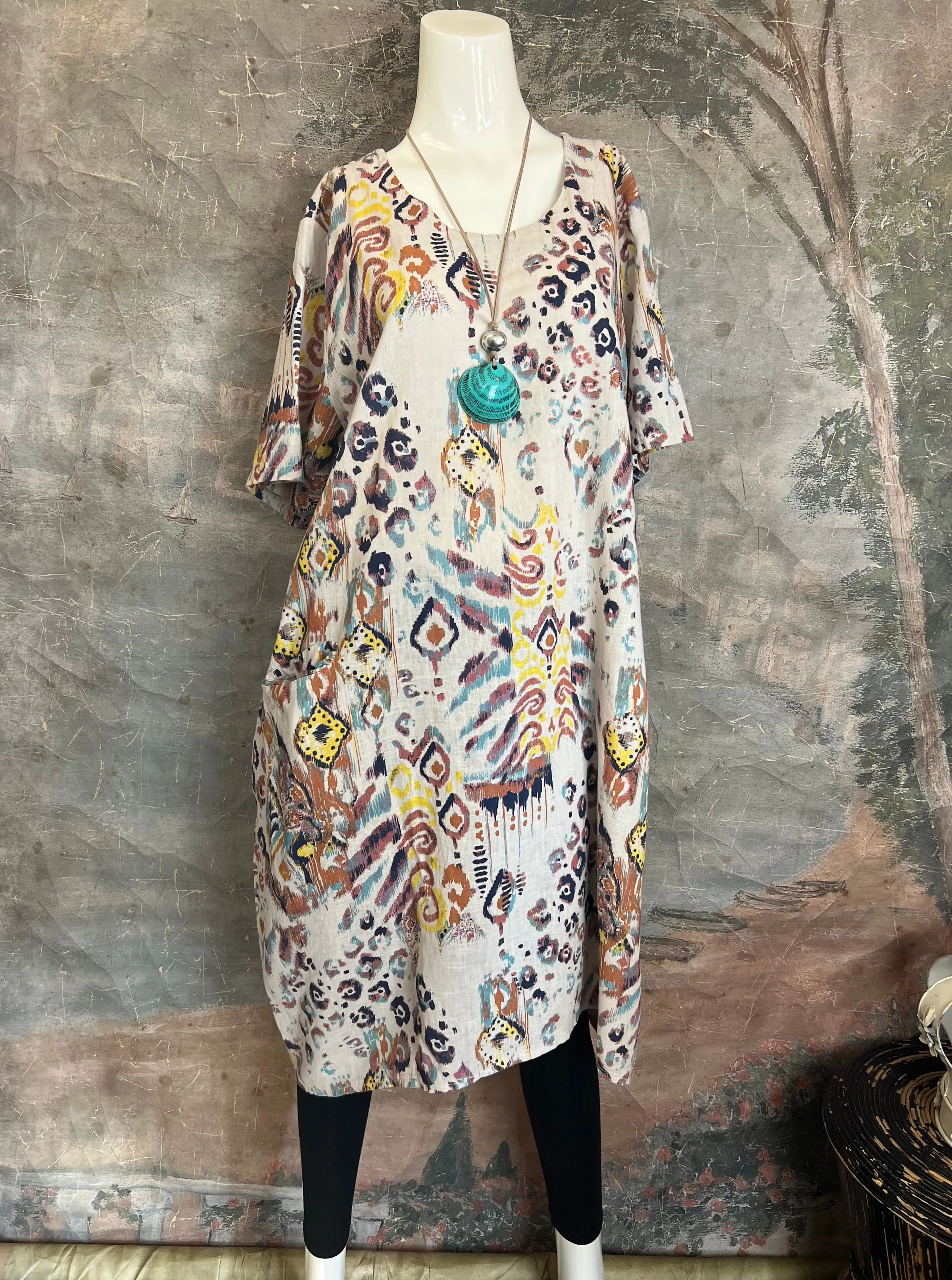 90847 Print Linen Dress-Beige