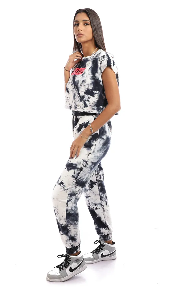 95629 Printed Tie Dye Cotton T-Shirt - Dark Navy Blue & White