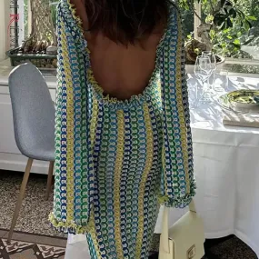 Backless Lace Contrast Women's Dress Long Sleeves Slim Fit