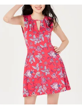 BEBOP Womens Orange Floral Sleeveless Keyhole Short Fit   Flare Dress