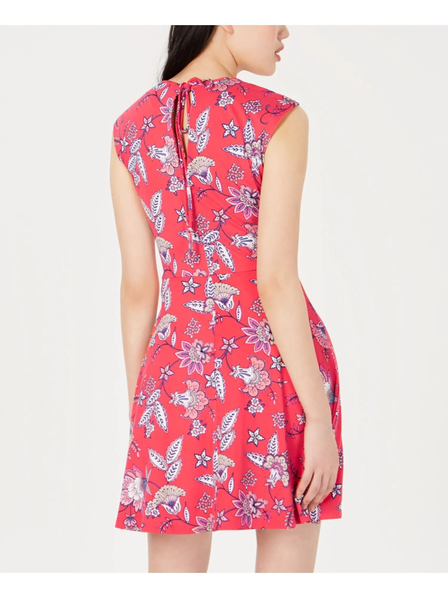 BEBOP Womens Orange Floral Sleeveless Keyhole Short Fit   Flare Dress