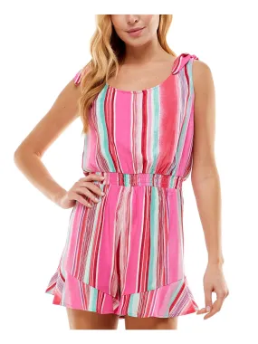 BEBOP Womens Pink Ruffled Smocked Tie Shoulder Keyhole Back Striped Sleeveless Scoop Neck Shorts Romper