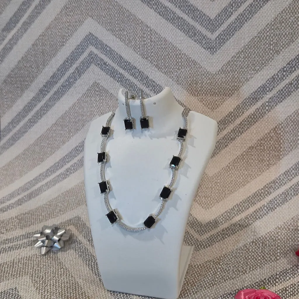 Black Elegant Statement Necklace With designer Earrings AD