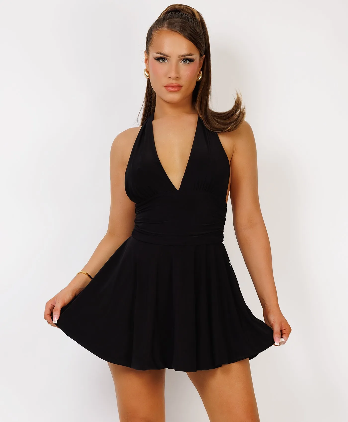 Black Halter Neck Open Back Mini Dress