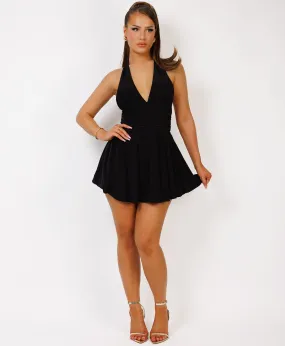 Black Halter Neck Open Back Mini Dress