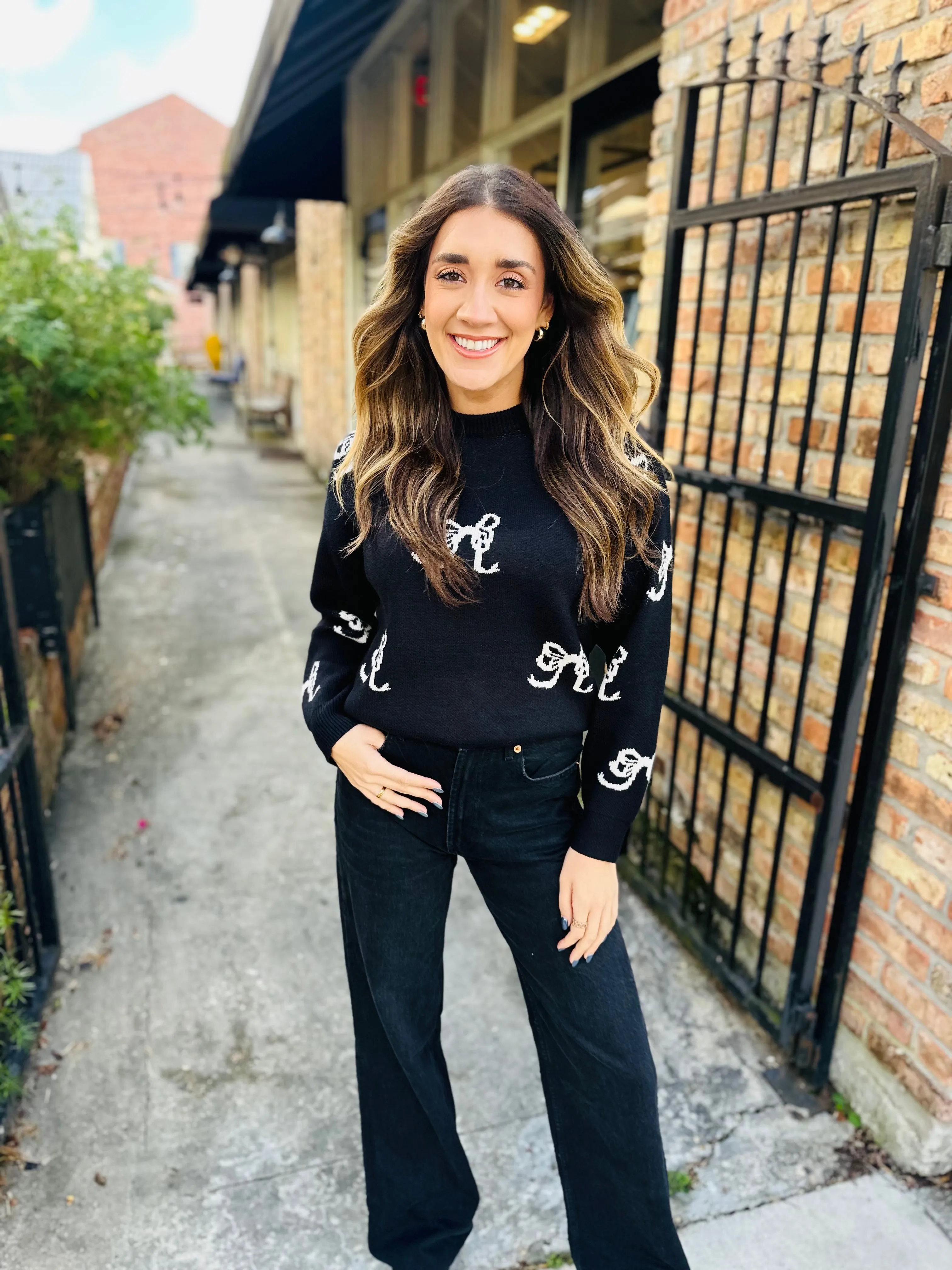 Bow Long Sleeve Sweater- Black