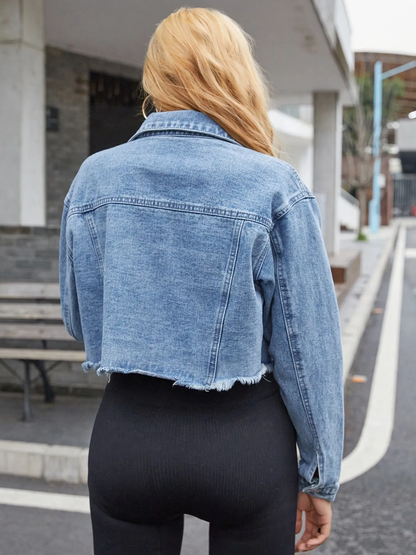Casual Letter Button Front Long Sleeve Collar Crop Women Denim Jacket & Coat
