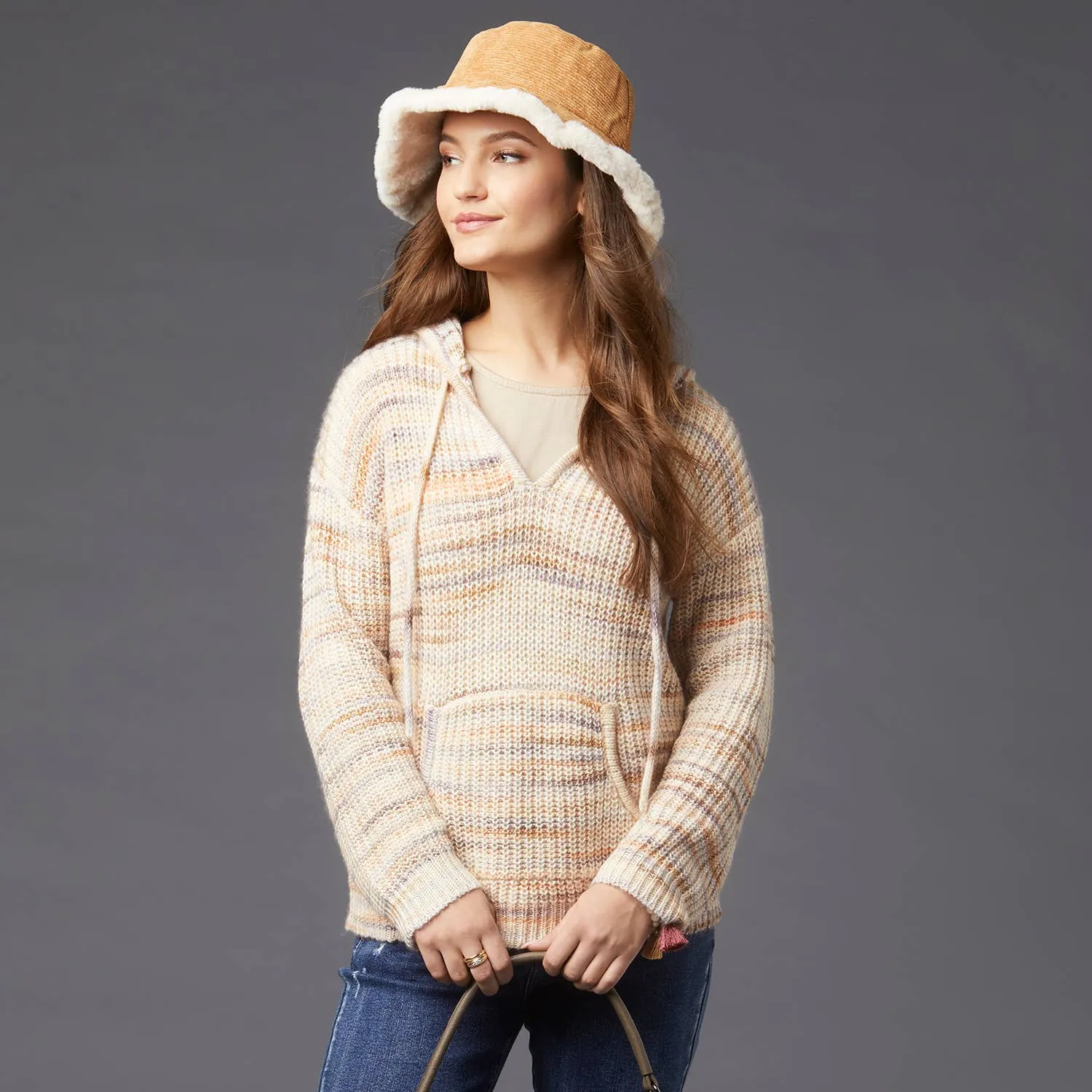 Eva V-Neck Sweater with Hood - Taupe/Multi