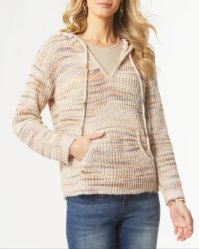 Eva V-Neck Sweater with Hood - Taupe/Multi