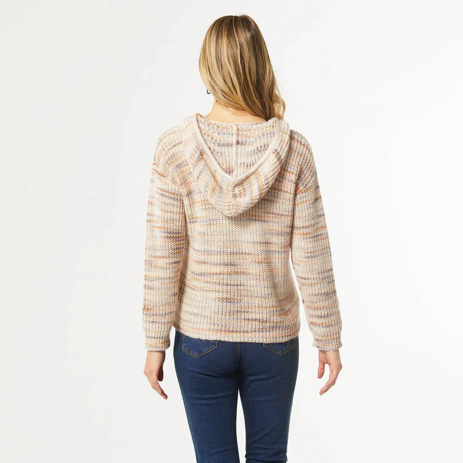 Eva V-Neck Sweater with Hood - Taupe/Multi
