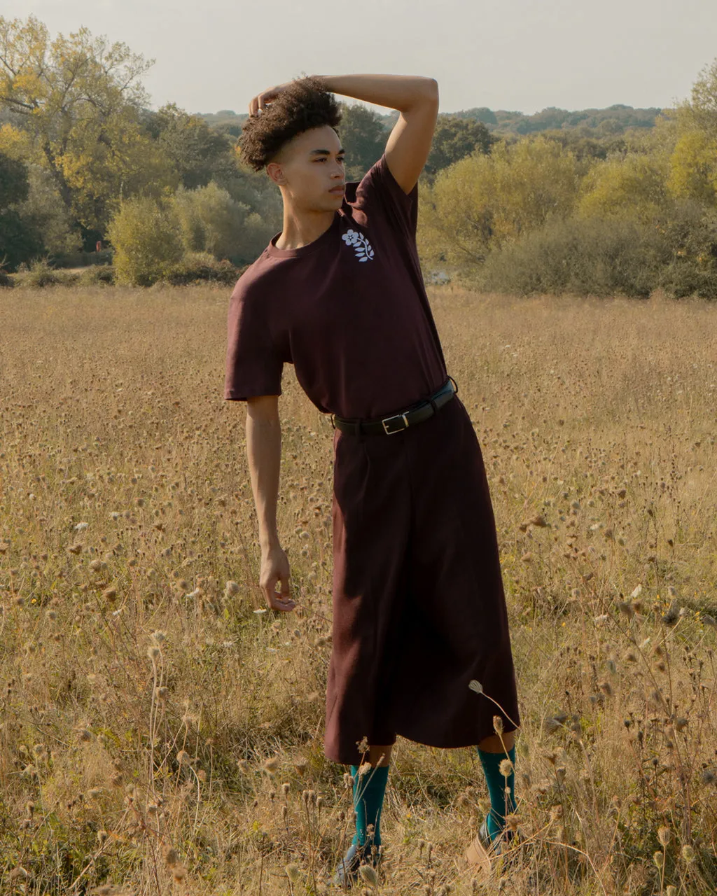 Floral Embroidered Organic Cotton T-Shirt Burgundy