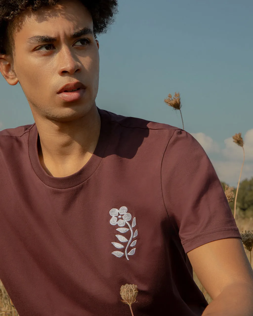 Floral Embroidered Organic Cotton T-Shirt Burgundy