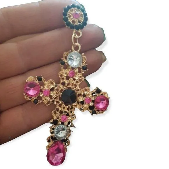 Glittery Gold Dangling Cross Earrings