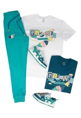 Growth Letter College Double T-Shirt, Patchwork Jogger and Sneakers Bundle
