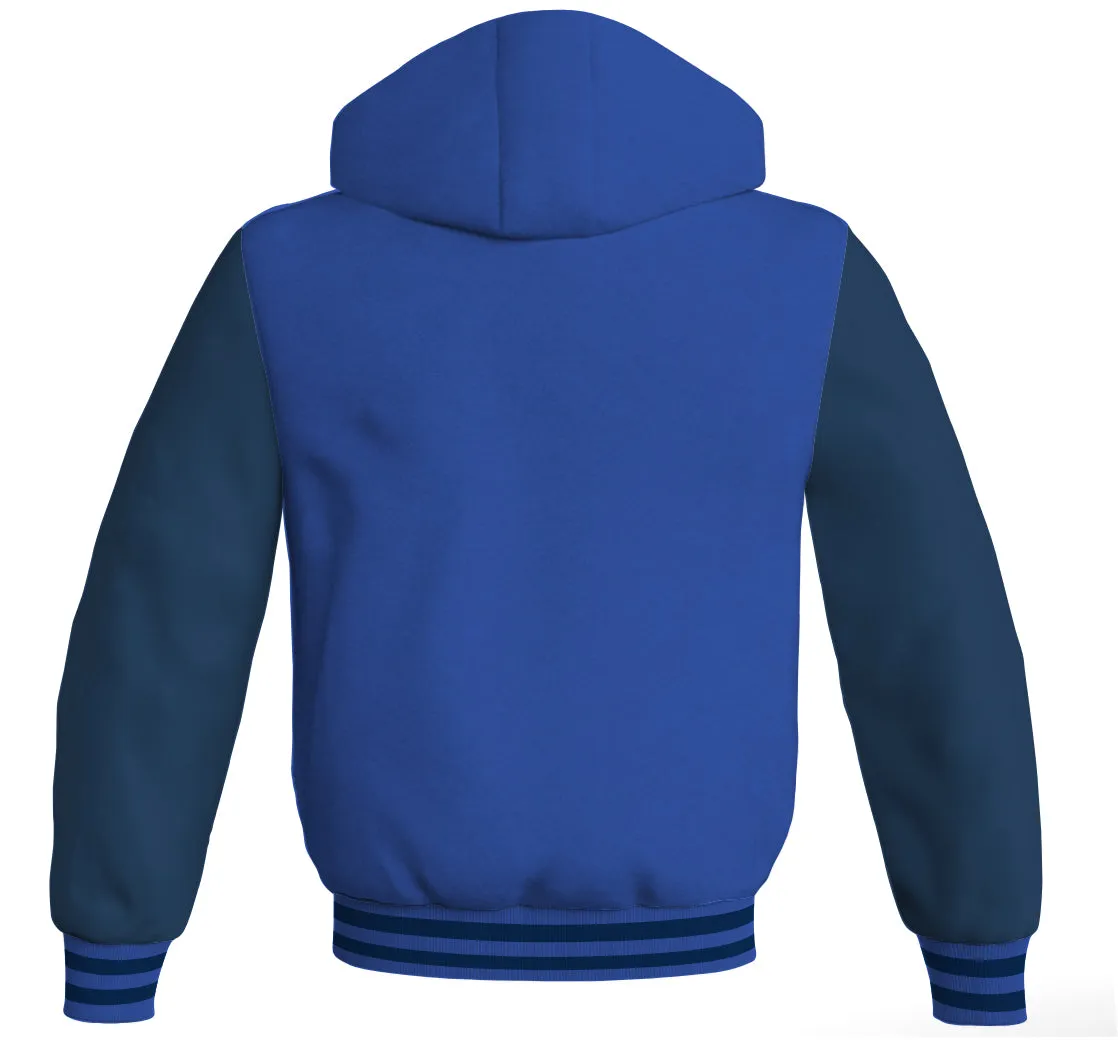 Letterman Bomber Hoodie Jacket Royal Blue Body Navy Blue Leather Sleeves