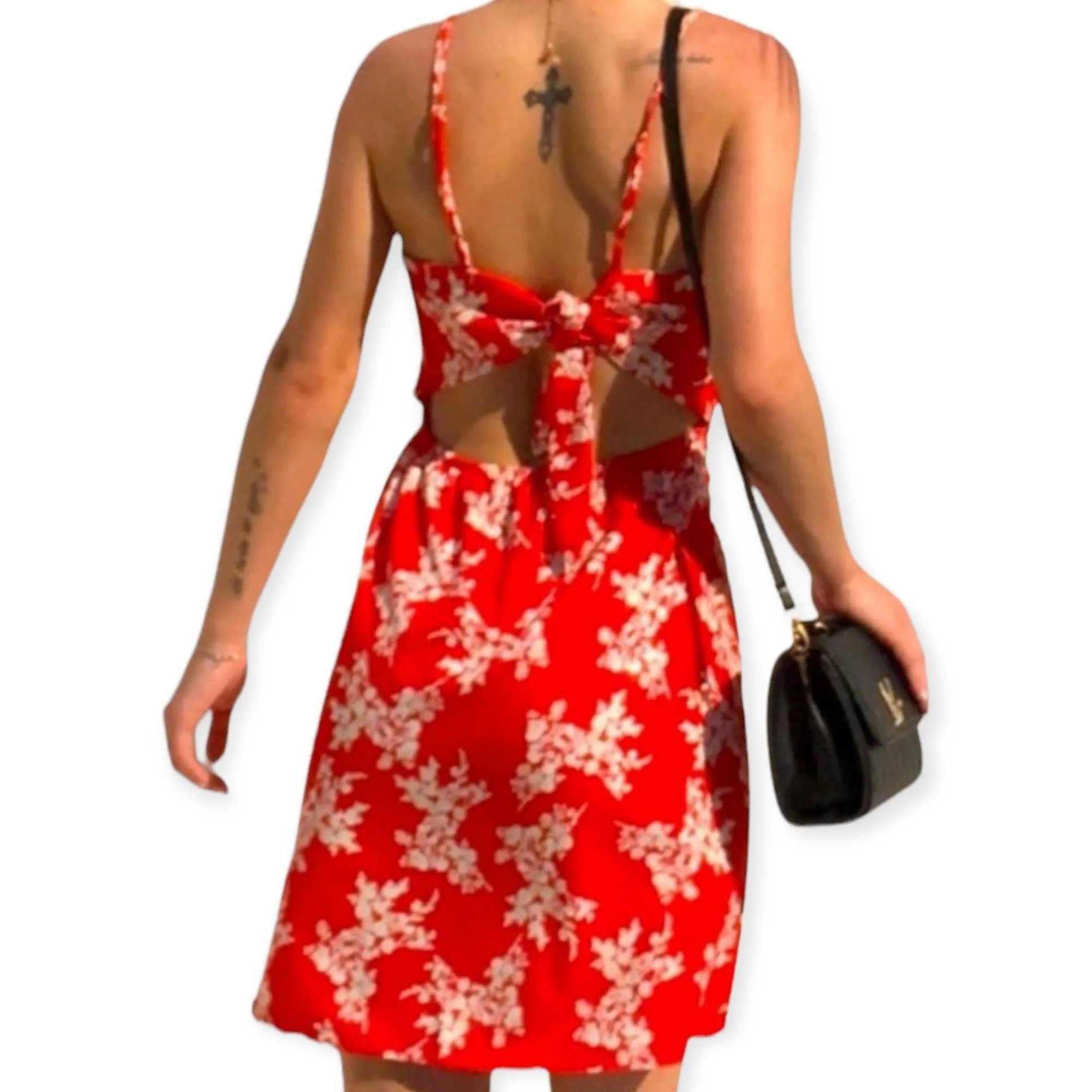 Red Floral Bow Tie Backside Mini Dress