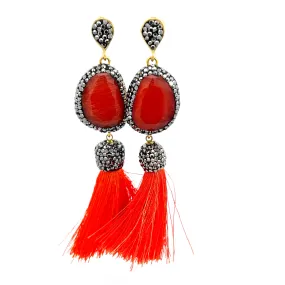 Red Gemstone Silver Crystal Gold Plated Red Tassel Earring