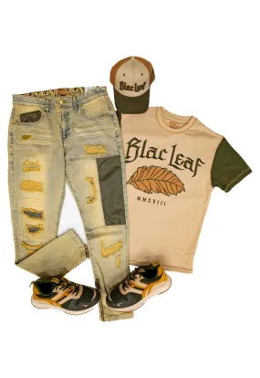 Rustic Leaf Shirt, Stay Strong Denim Jeans and Dad Hat Combo (Sneakers Not Included)