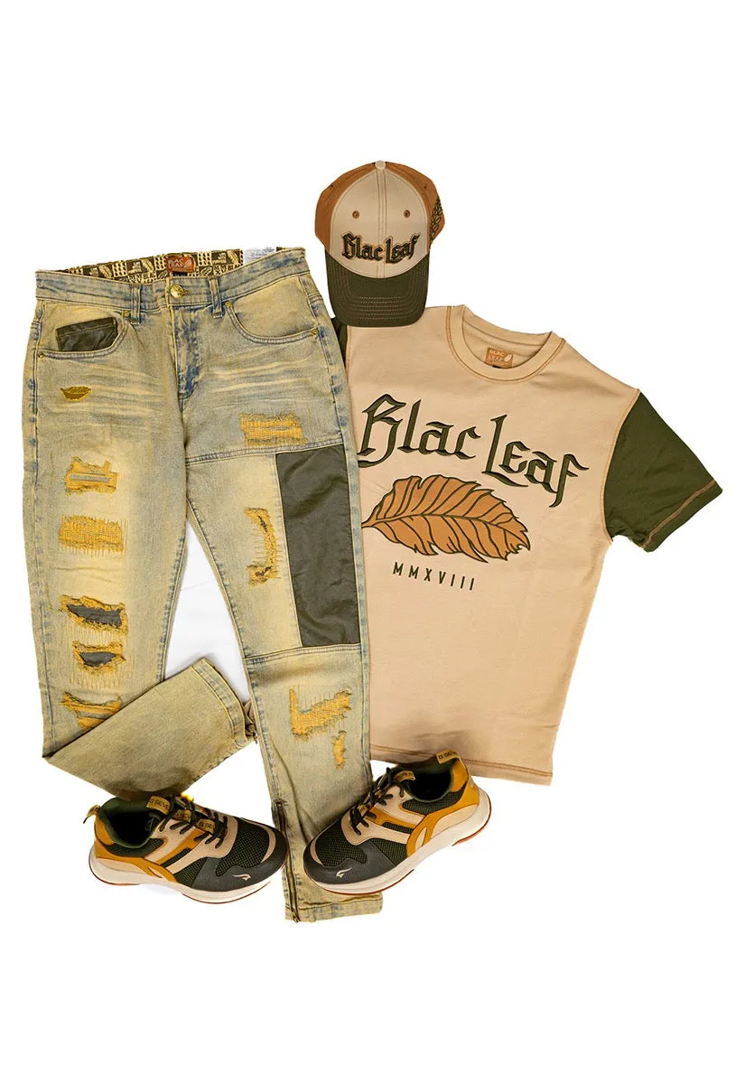 Rustic Leaf Shirt, Stay Strong Denim Jeans and Dad Hat Combo (Sneakers Not Included)