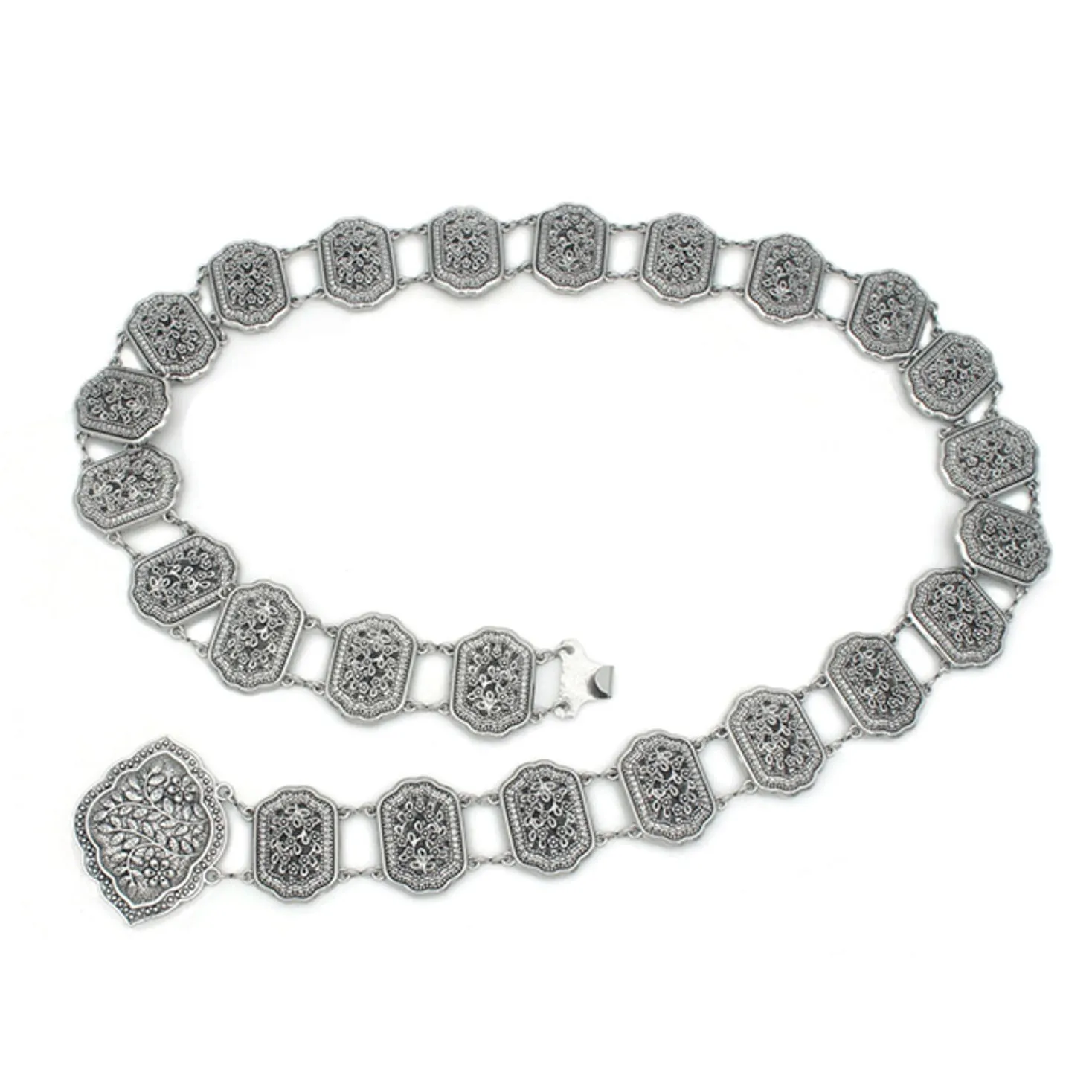 Silver Embossed Filigree Chain Link Belt with Accent Buckle