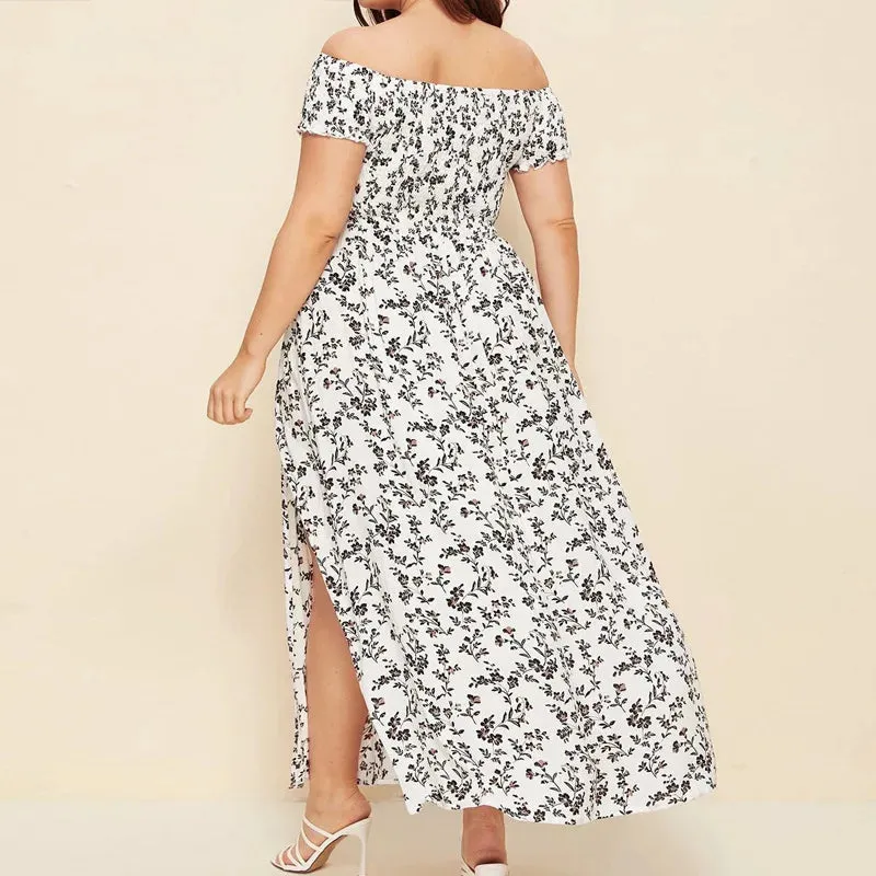 Summer Women's Boho Floral Print Off Shoulder A Line Dress XXXL 4XL
