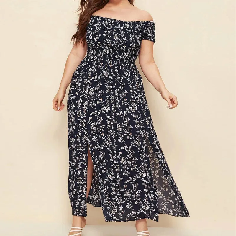 Summer Women's Boho Floral Print Off Shoulder A Line Dress XXXL 4XL