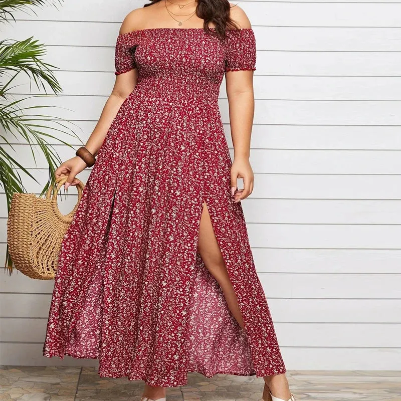 Summer Women's Boho Floral Print Off Shoulder A Line Dress XXXL 4XL