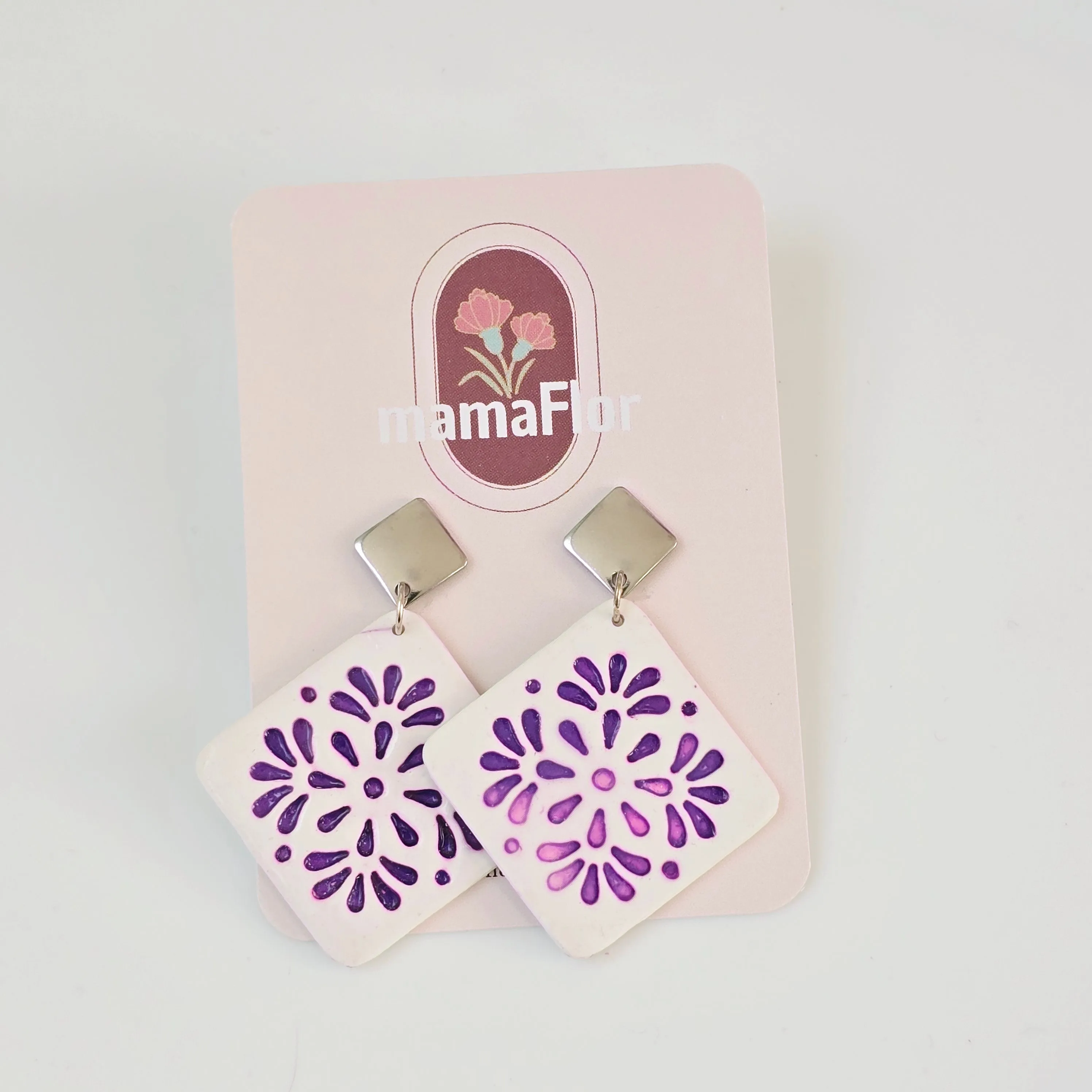 Talavera Tile Earrings with purple floral