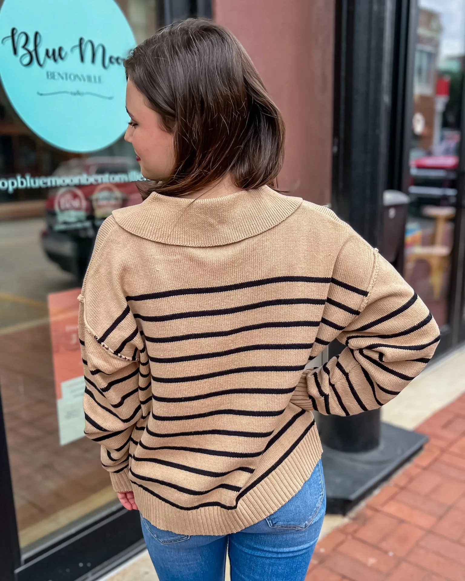 Taupe/Black Striped V-Neck Sweater