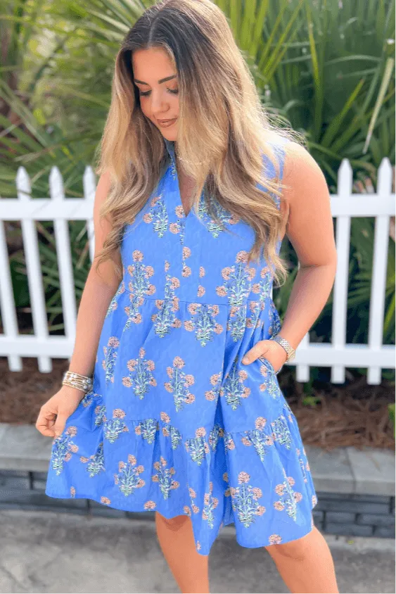 THML Blue Floral Sleeveless Tiered Mini Dress