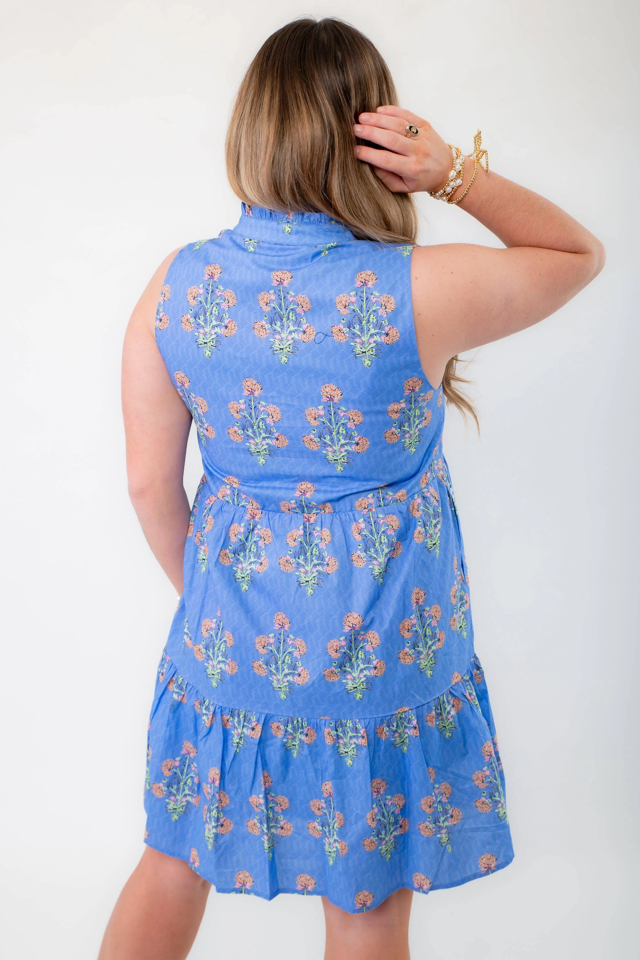 THML Blue Floral Sleeveless Tiered Mini Dress