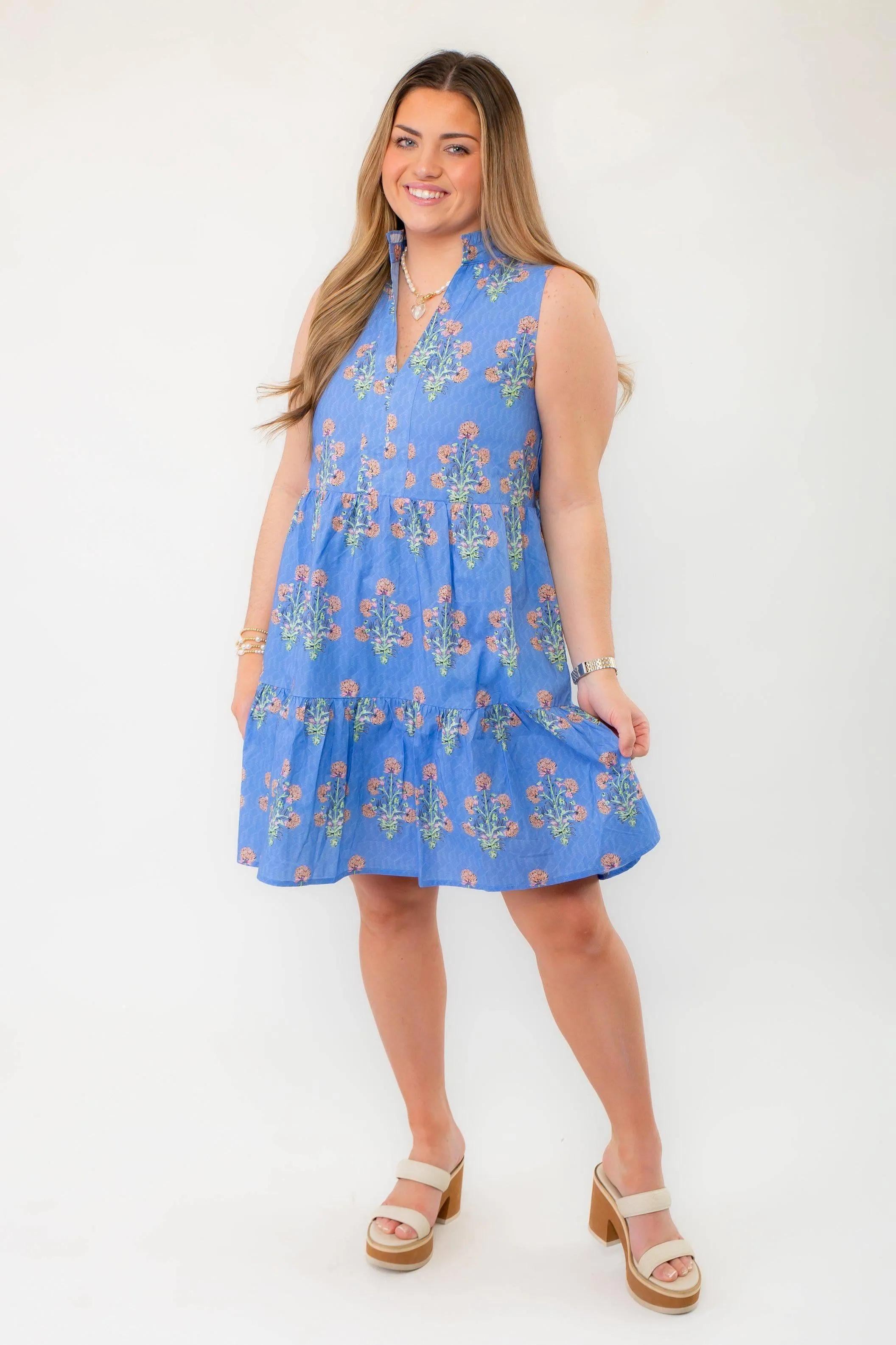 THML Blue Floral Sleeveless Tiered Mini Dress