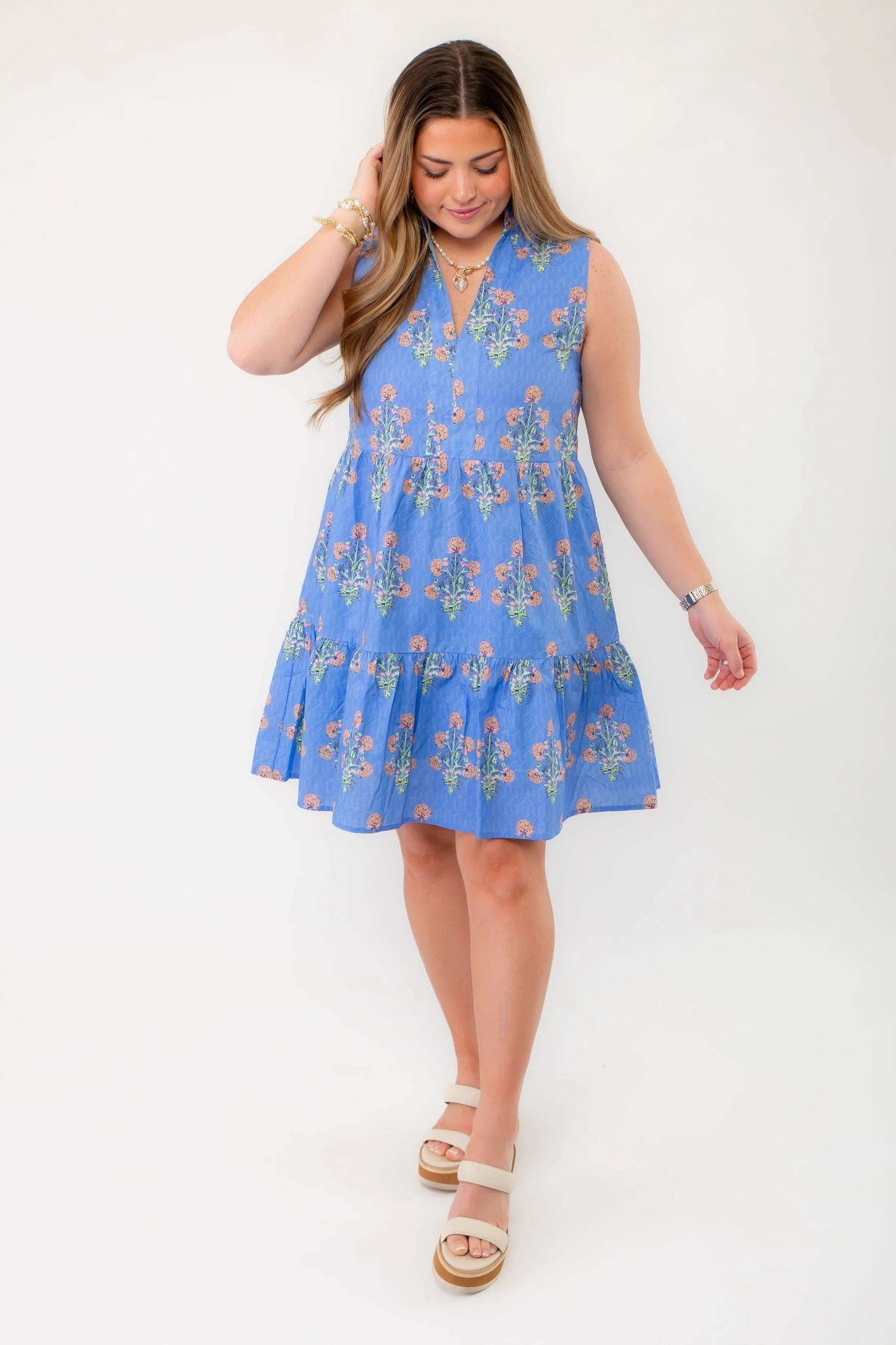THML Blue Floral Sleeveless Tiered Mini Dress