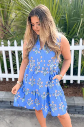 THML Blue Floral Sleeveless Tiered Mini Dress