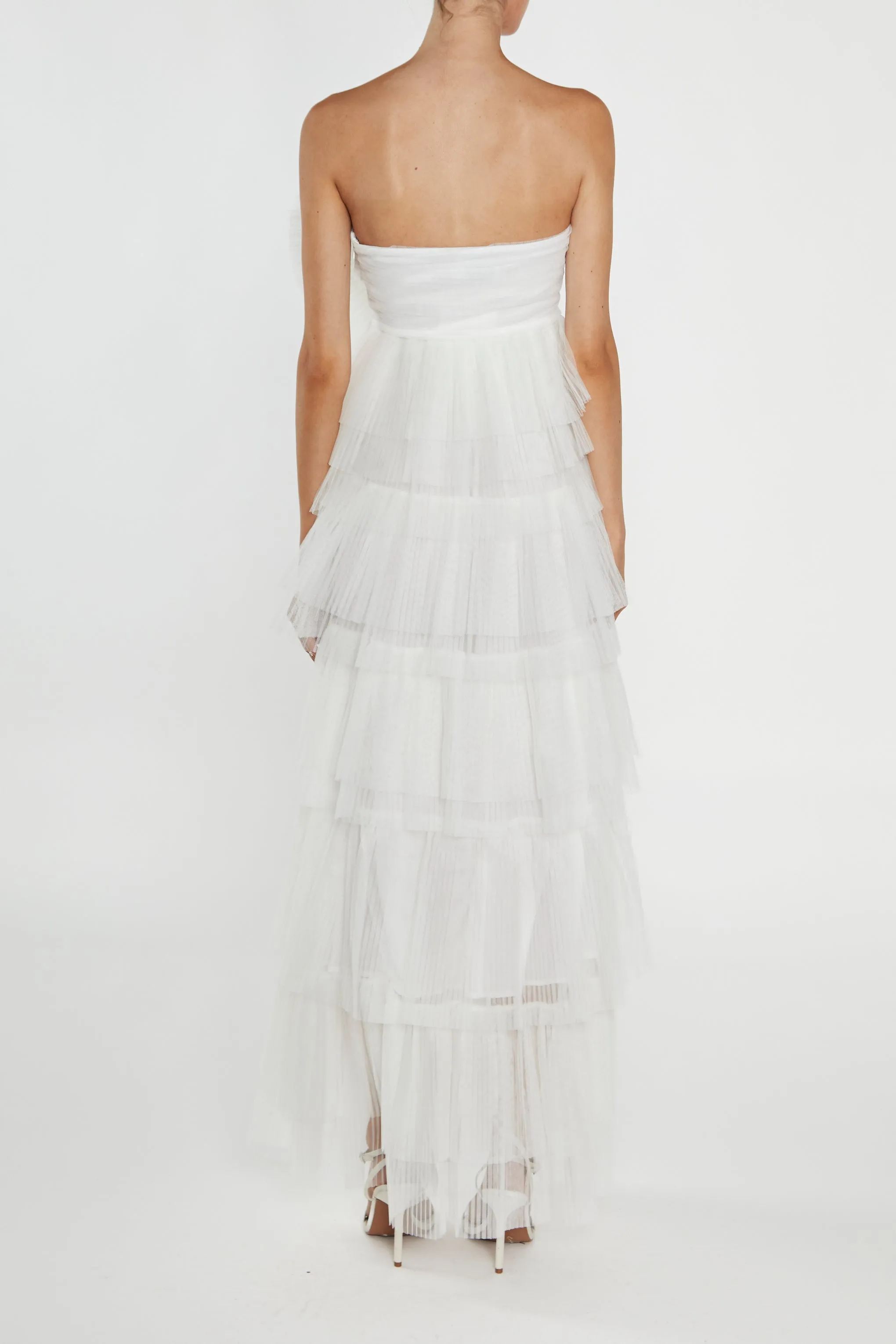 Valerie White Pleated 3D Tiered Midi-Dress