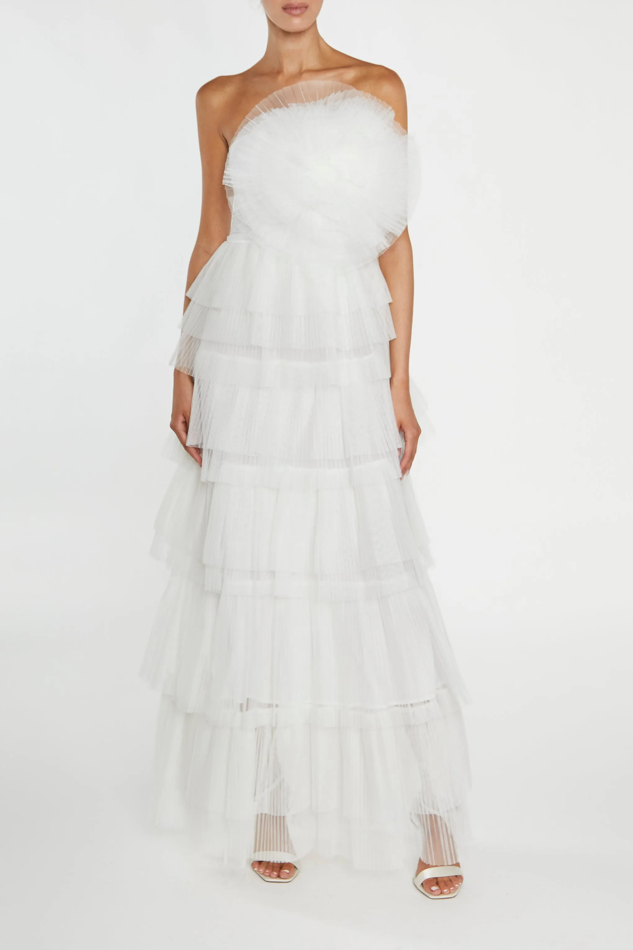 Valerie White Pleated 3D Tiered Midi-Dress