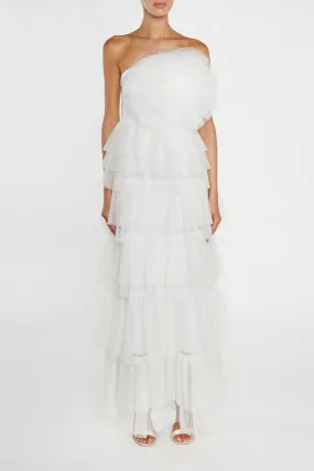 Valerie White Pleated 3D Tiered Midi-Dress