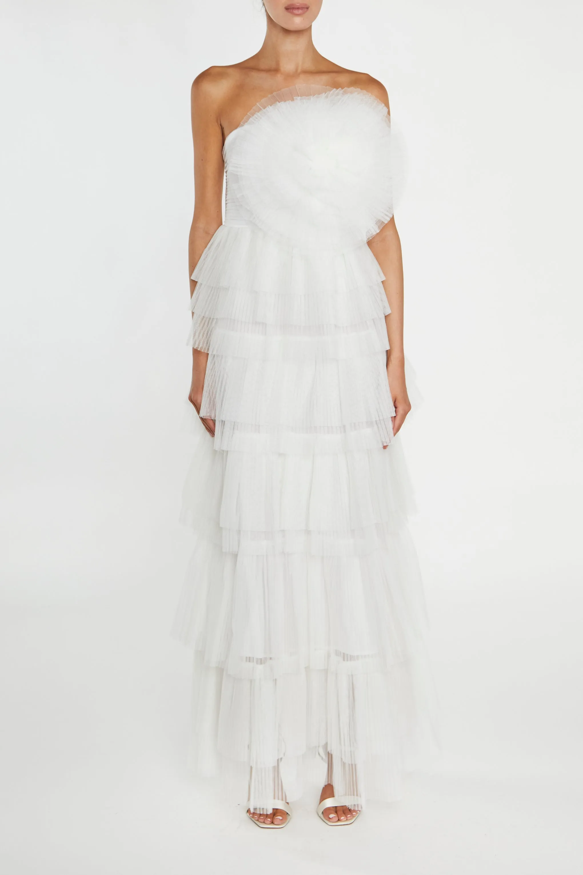 Valerie White Pleated 3D Tiered Midi-Dress