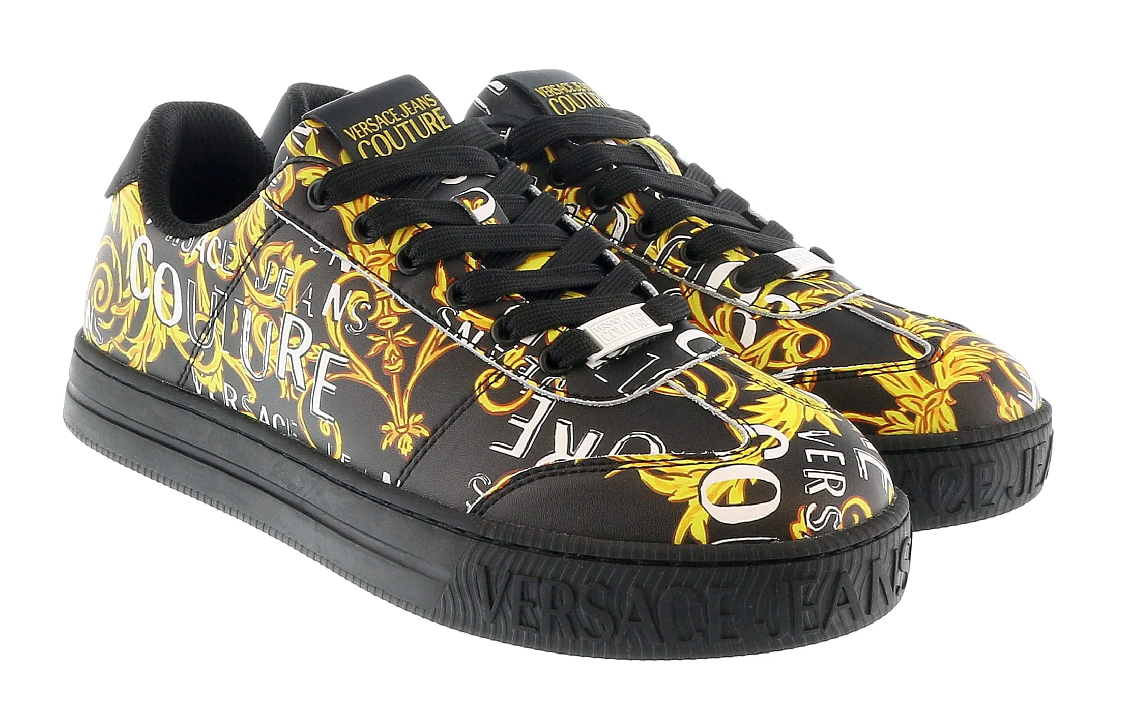 Versace Jeans Couture Black Gold Baroque Print Fashion Everyday Sneakers-