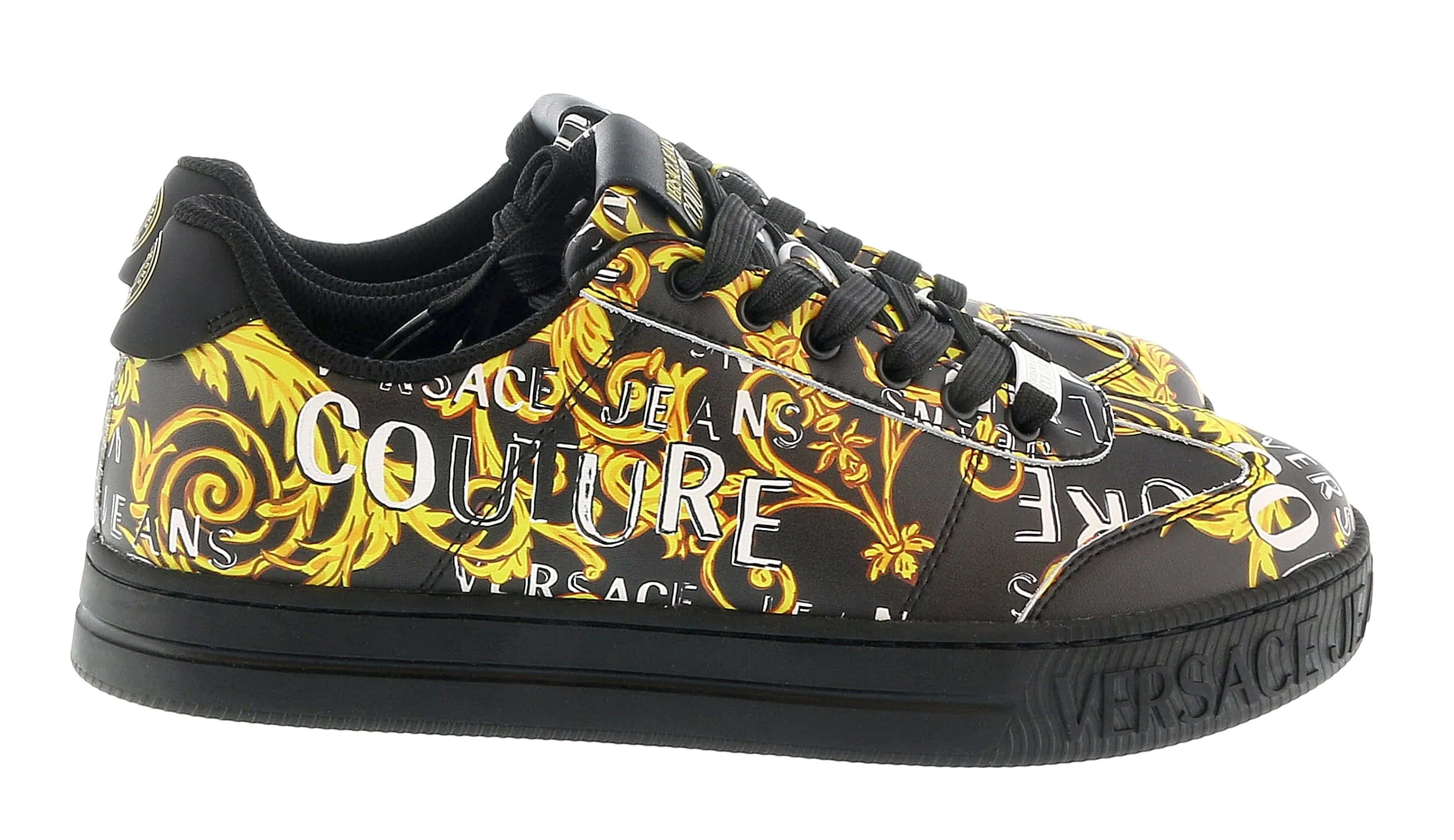 Versace Jeans Couture Black Gold Baroque Print Fashion Everyday Sneakers-