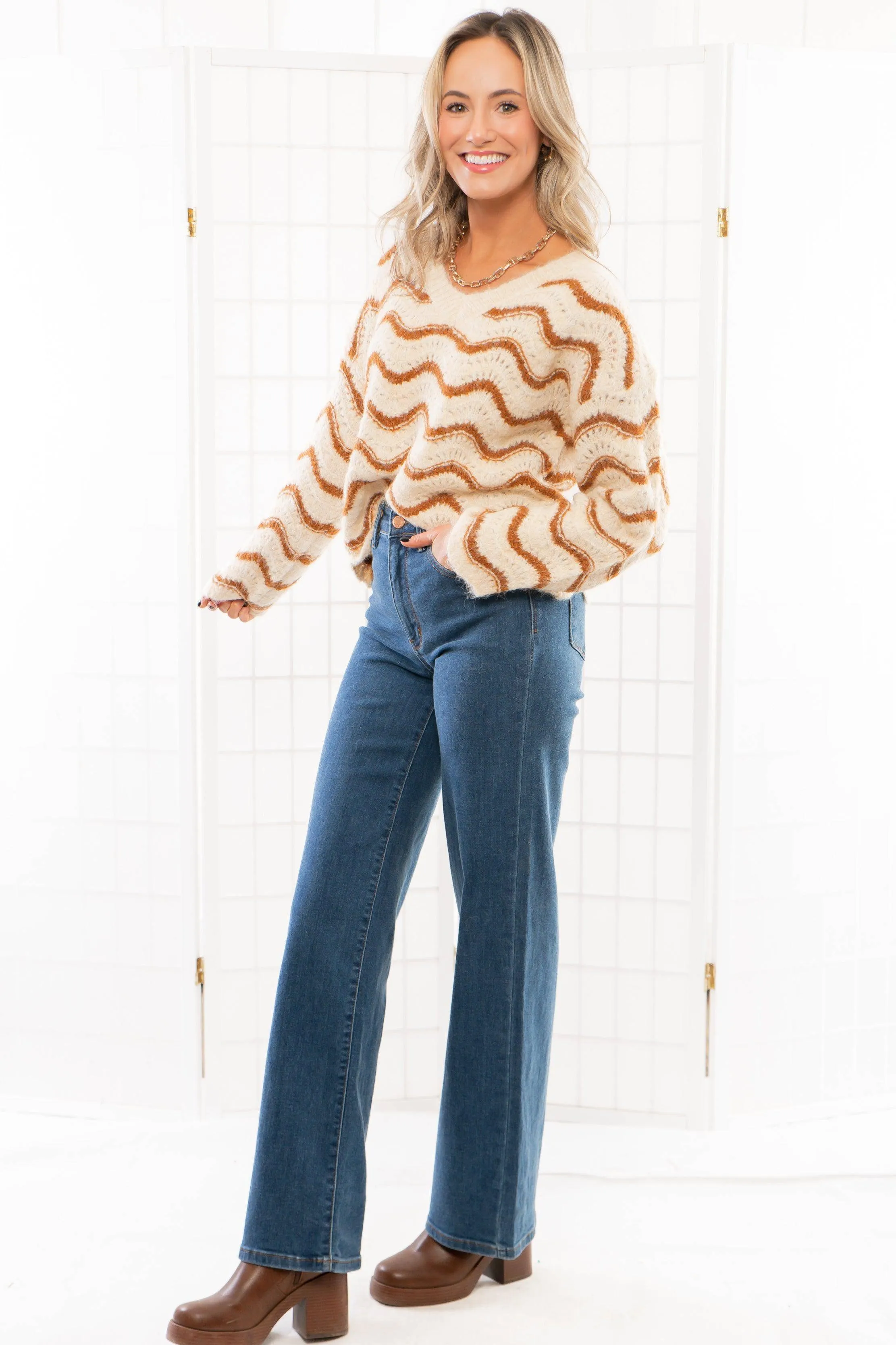 Vintage Waves Cinnamon Brown Knit Sweater
