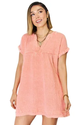 Zenana Washed Nochted Rolled Short Sleeve Dress